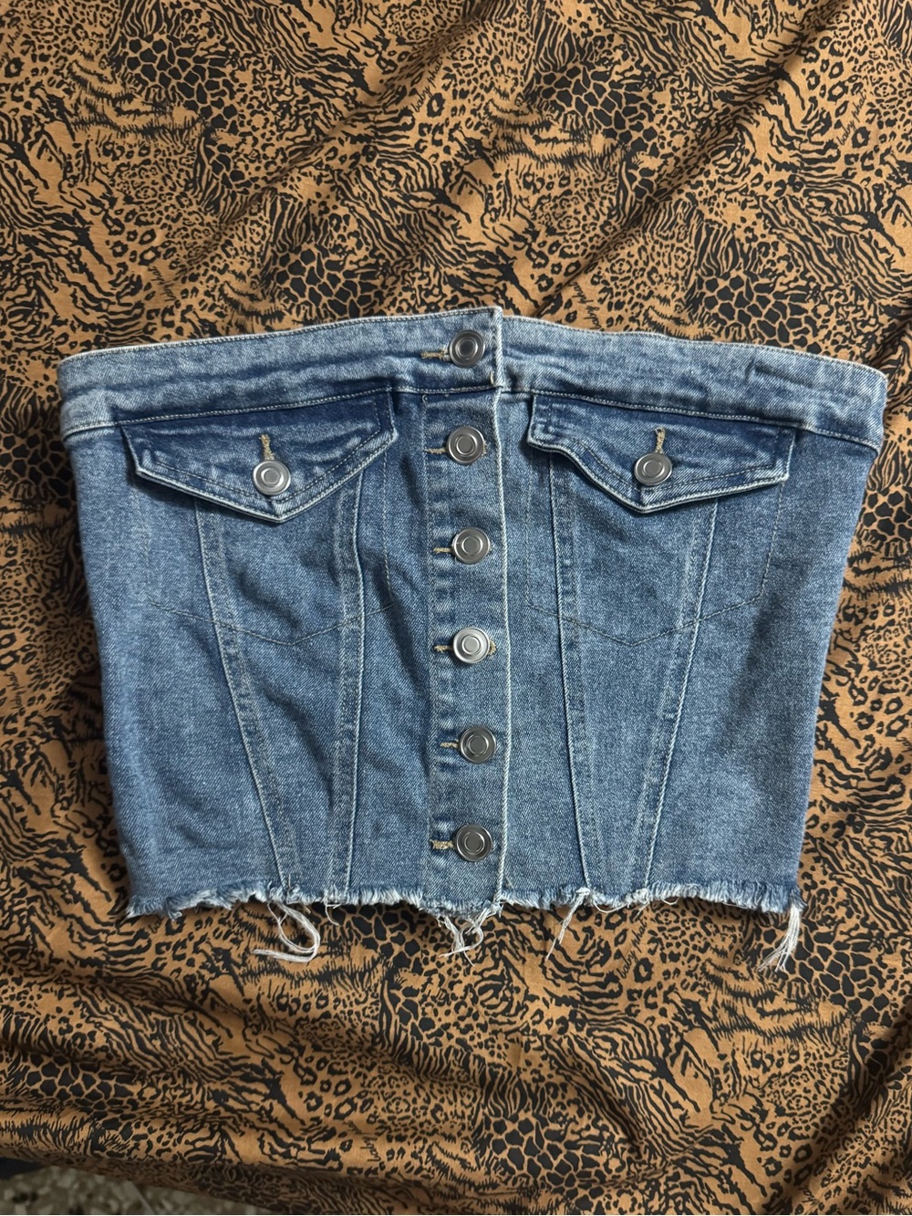 Timing Blue Denim Strapless Corset Crop Top with Front Buttons